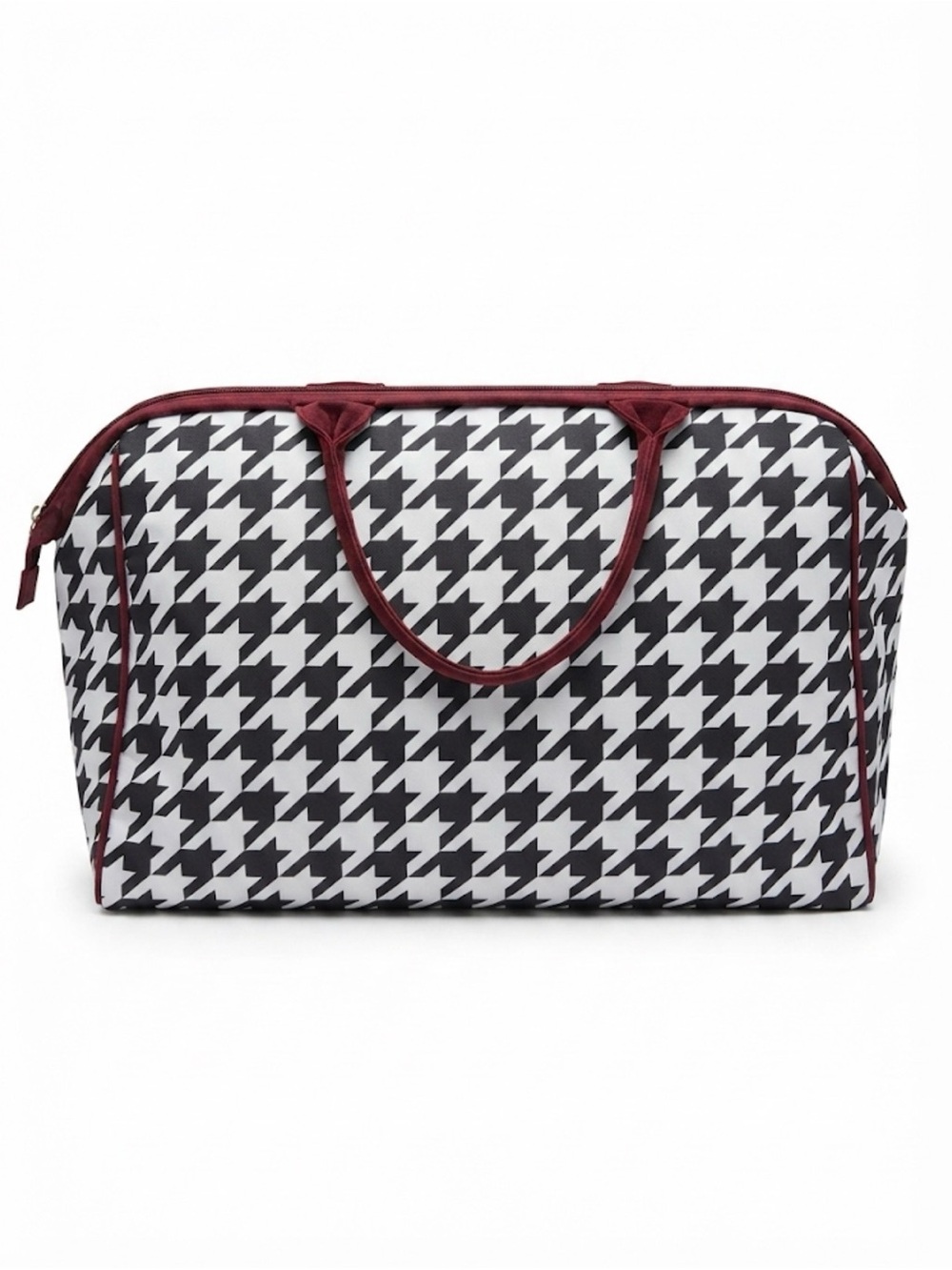 Houndstooth Black and White Tote with Burgundy Trim